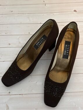 Stuart Weitzman Dark Brown Jeweled Block Heel Pumps